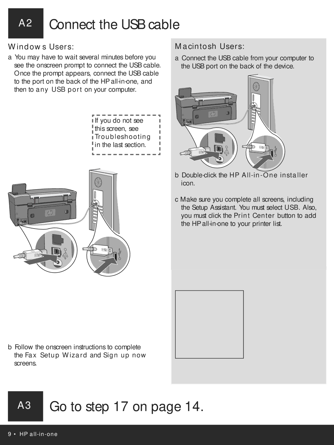 HP 2710xi manual A2 Connect the USB cable, A3 Go to on 