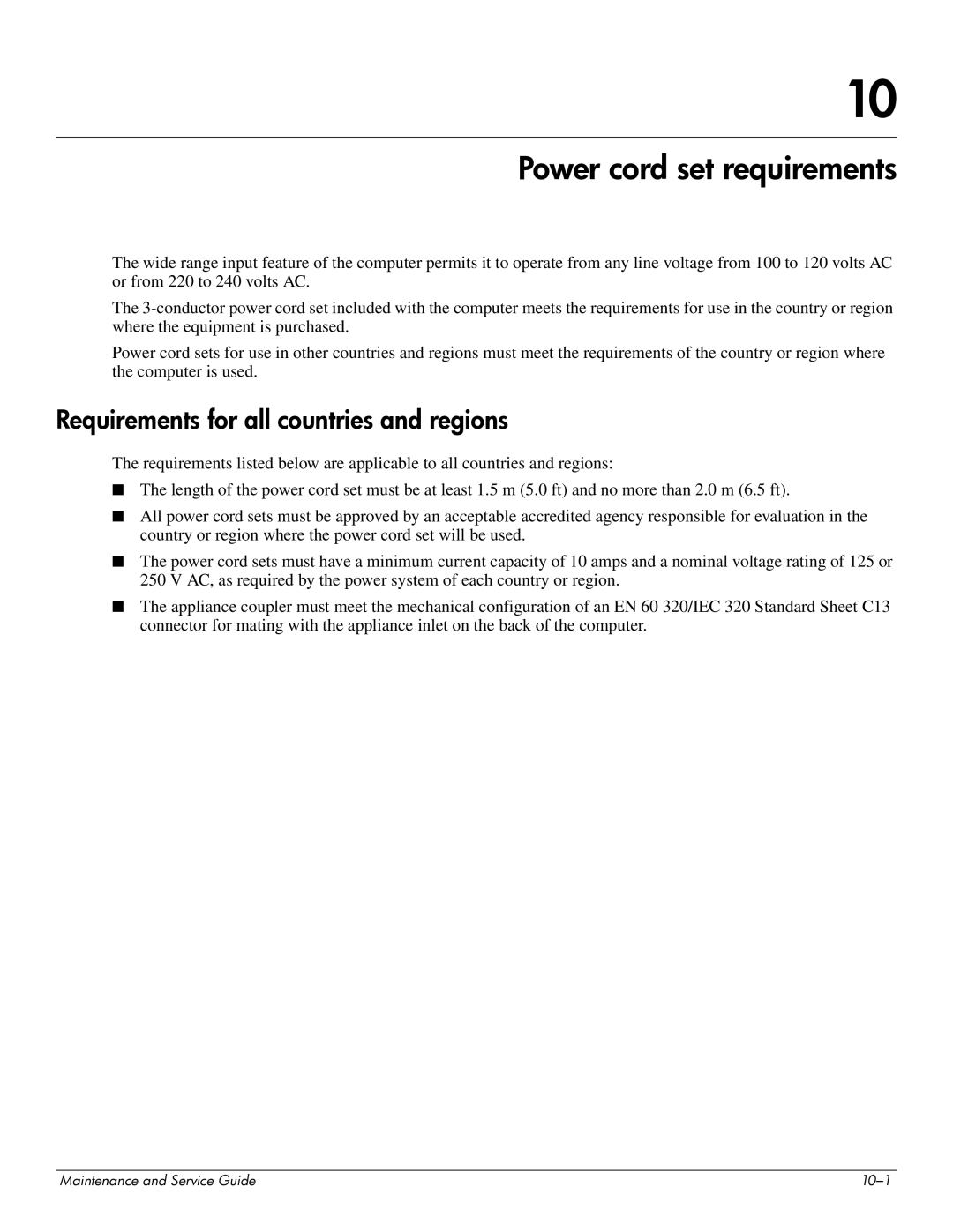 HP 2730p 2730p manual Power cord set requirements, Requirements for all countries and regions 