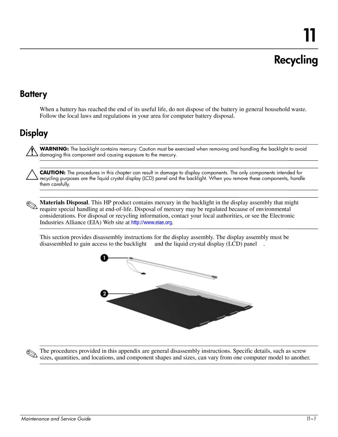 HP 2730p 2730p manual Recycling, Battery, Display 