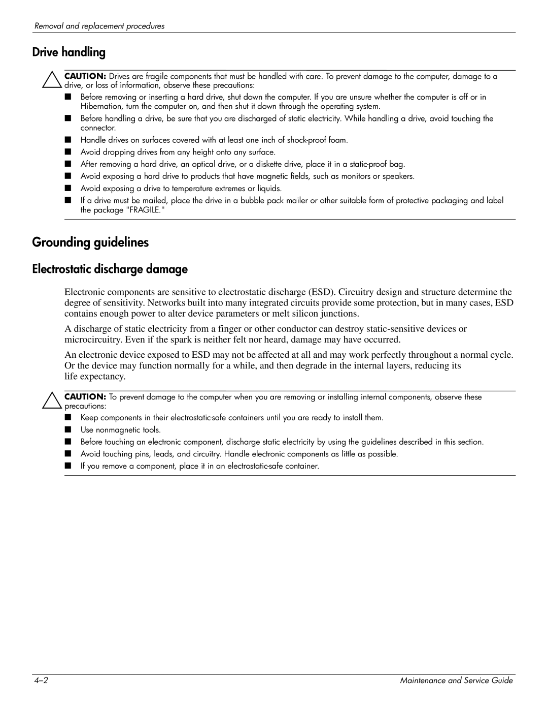 HP 2730p 2730p manual Grounding guidelines, Drive handling 