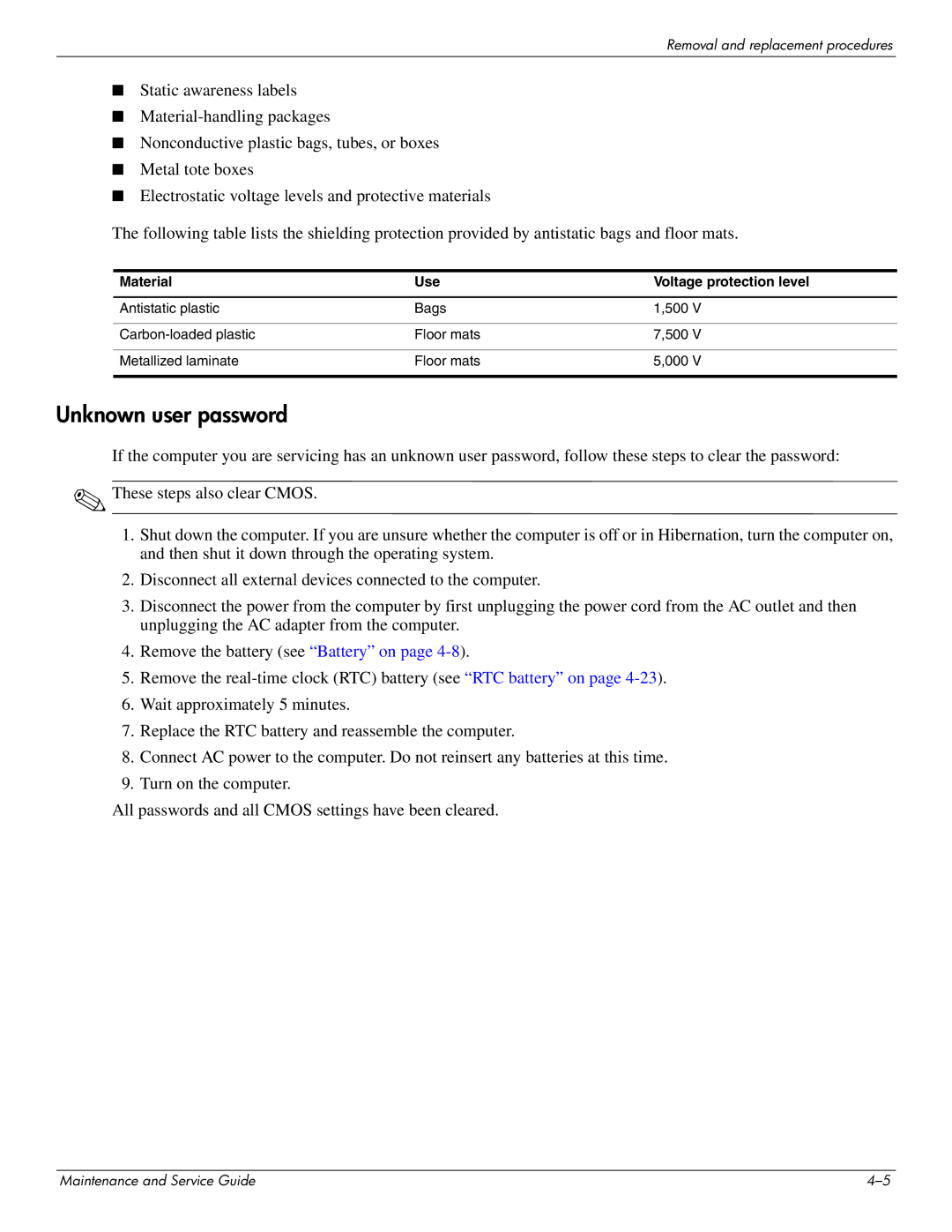 HP 2730p 2730p manual Unknown user password, Material Use Voltage protection level 