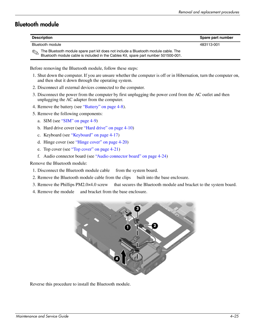 HP 2730p 2730p manual Description Spare part number Bluetooth module 483113-001 