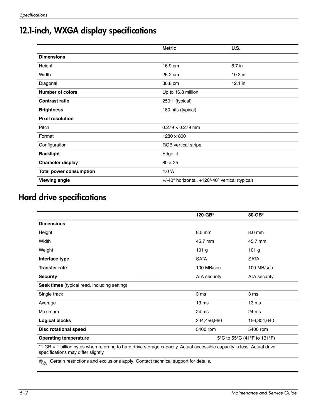 HP 2730p 2730p manual Inch, Wxga display specifications, Hard drive specifications 