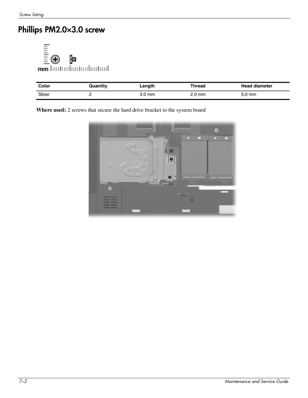 HP 2730p 2730p manual Phillips PM2.0×3.0 screw, Color Quantity Length Thread Head diameter Silver 