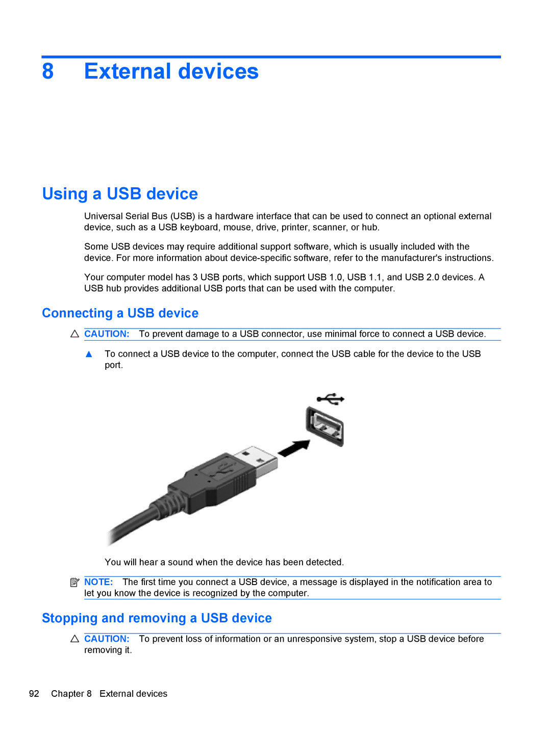 HP 2740P manual External devices, Using a USB device, Connecting a USB device, Stopping and removing a USB device 