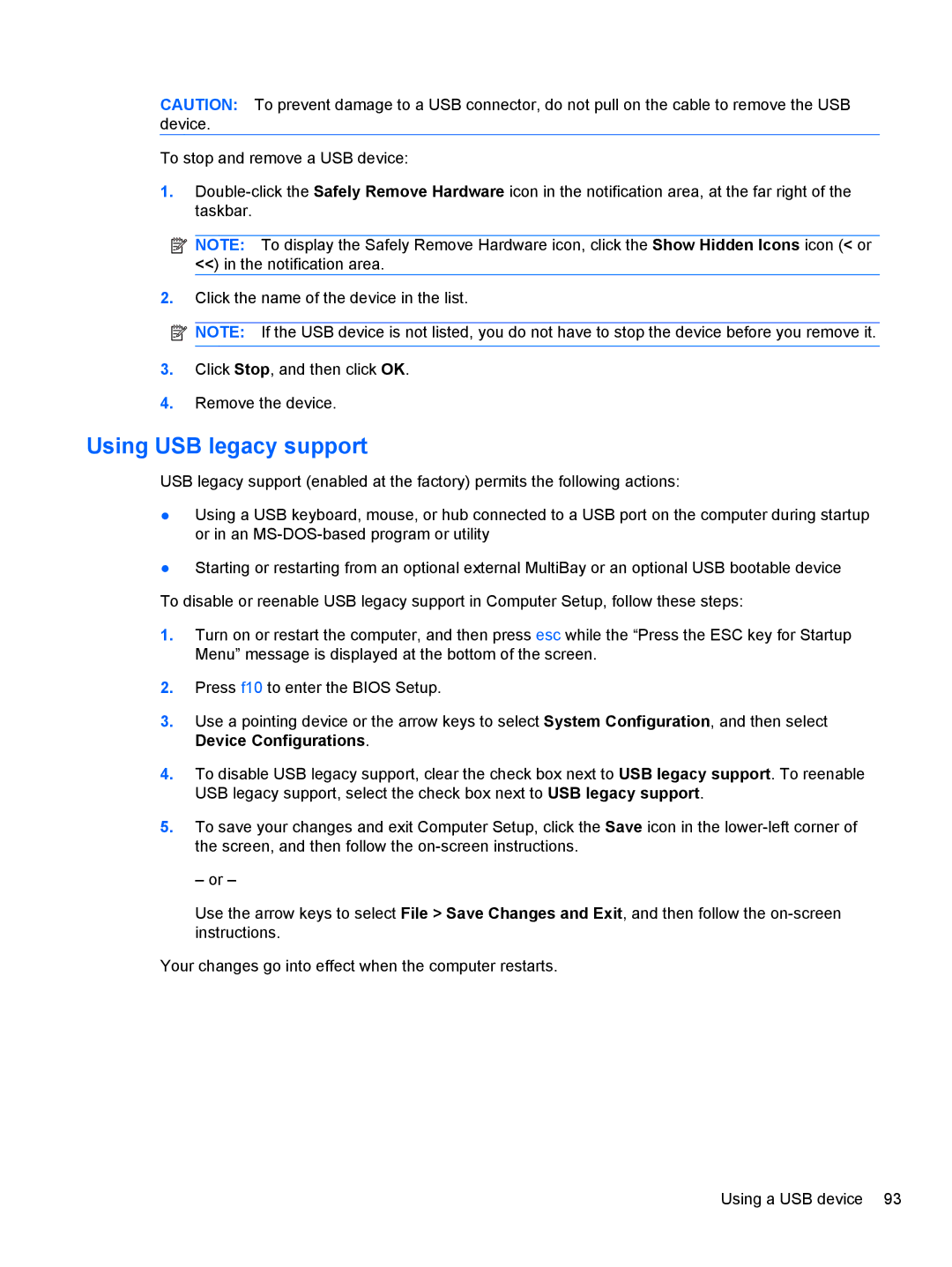 HP 2740P manual Using USB legacy support 