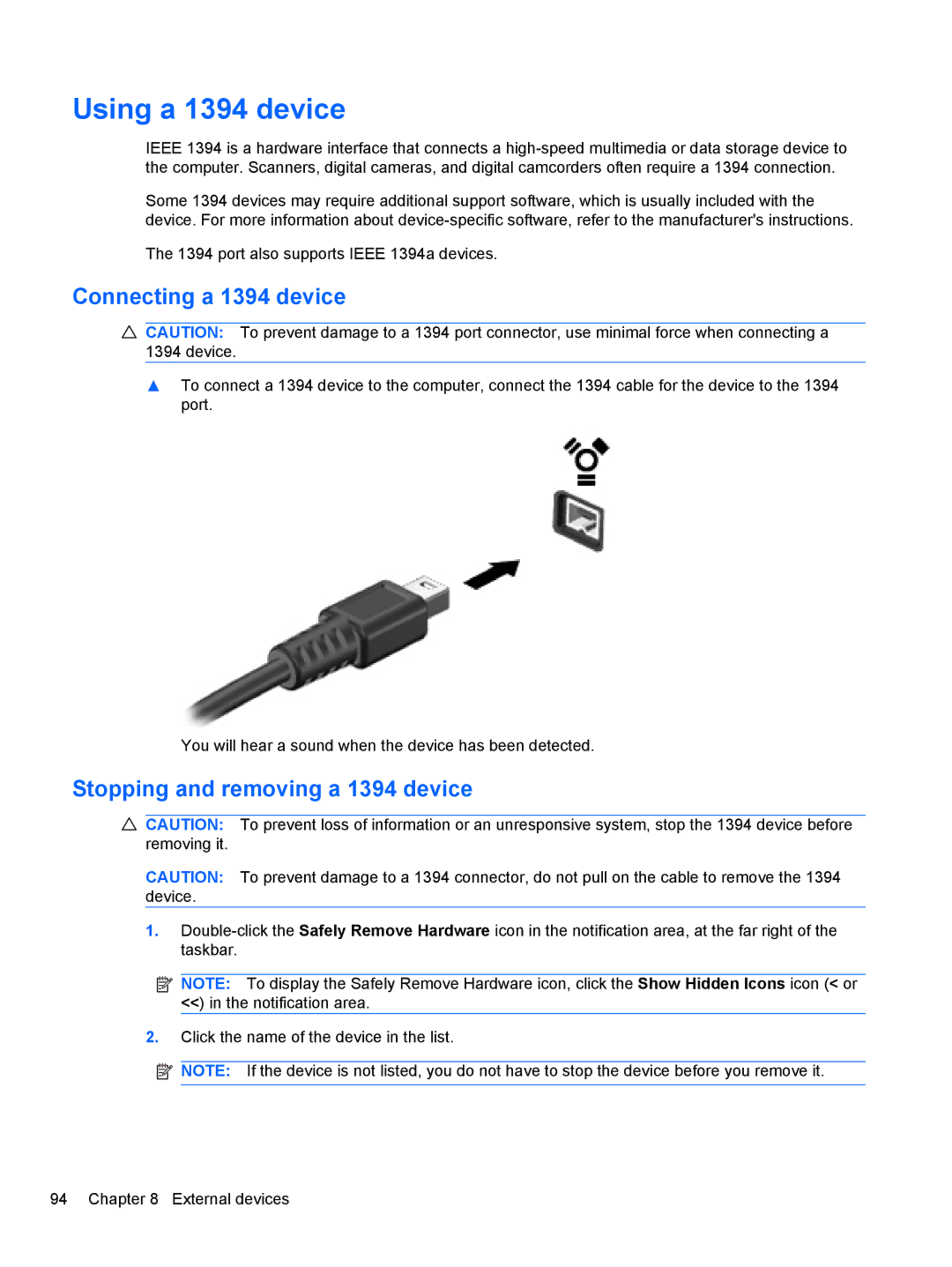 HP 2740P manual Using a 1394 device, Connecting a 1394 device, Stopping and removing a 1394 device 