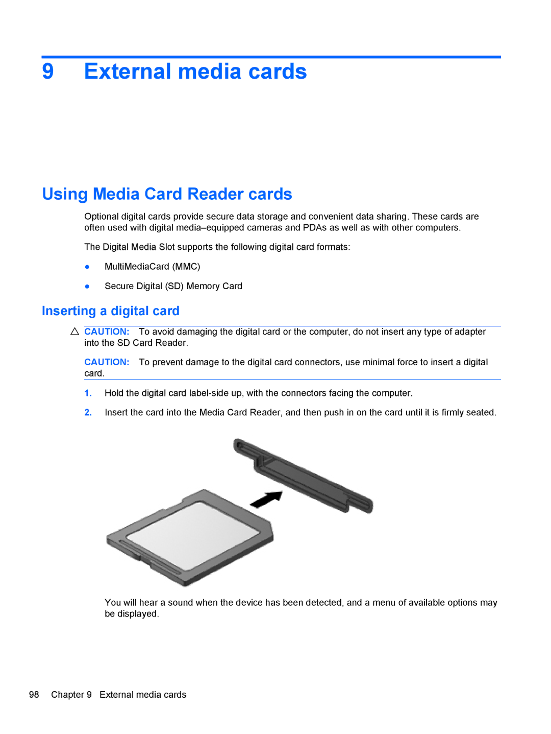 HP 2740P manual External media cards, Using Media Card Reader cards, Inserting a digital card 