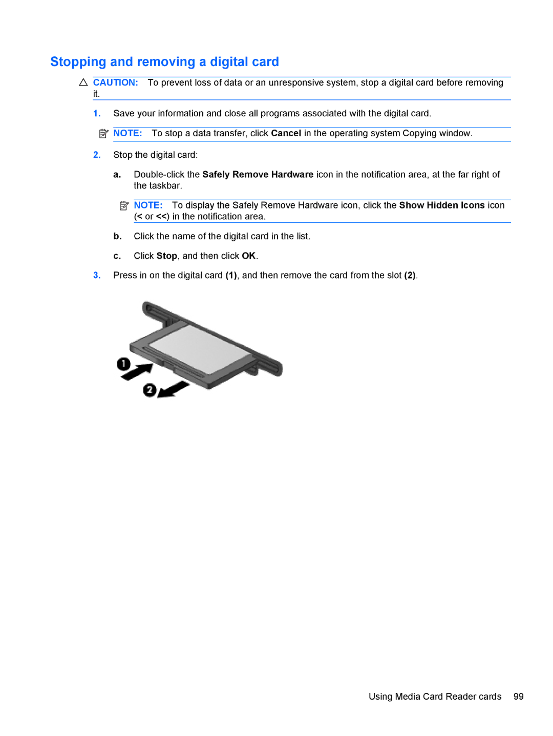 HP 2740P manual Stopping and removing a digital card 