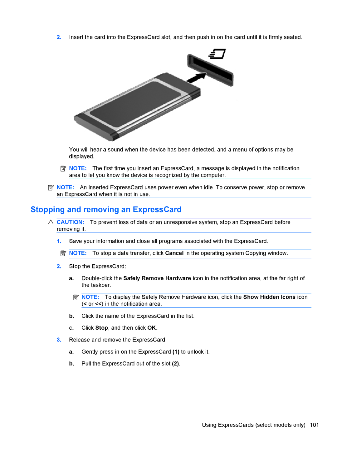 HP 2740P manual Stopping and removing an ExpressCard 