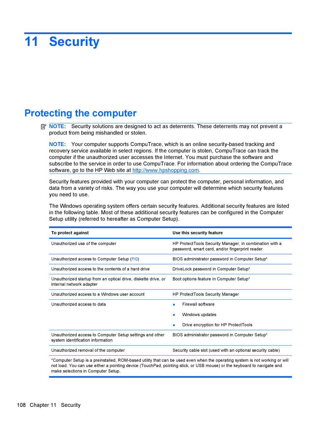 HP 2740P manual Security, Protecting the computer 