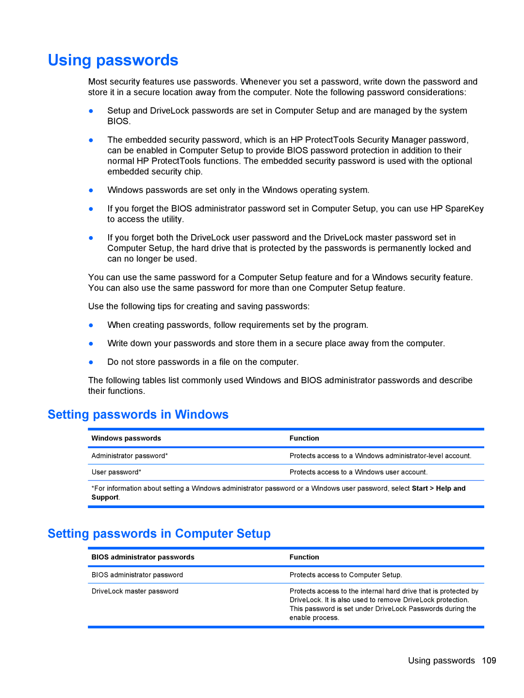 HP 2740P manual Using passwords, Setting passwords in Windows, Setting passwords in Computer Setup 