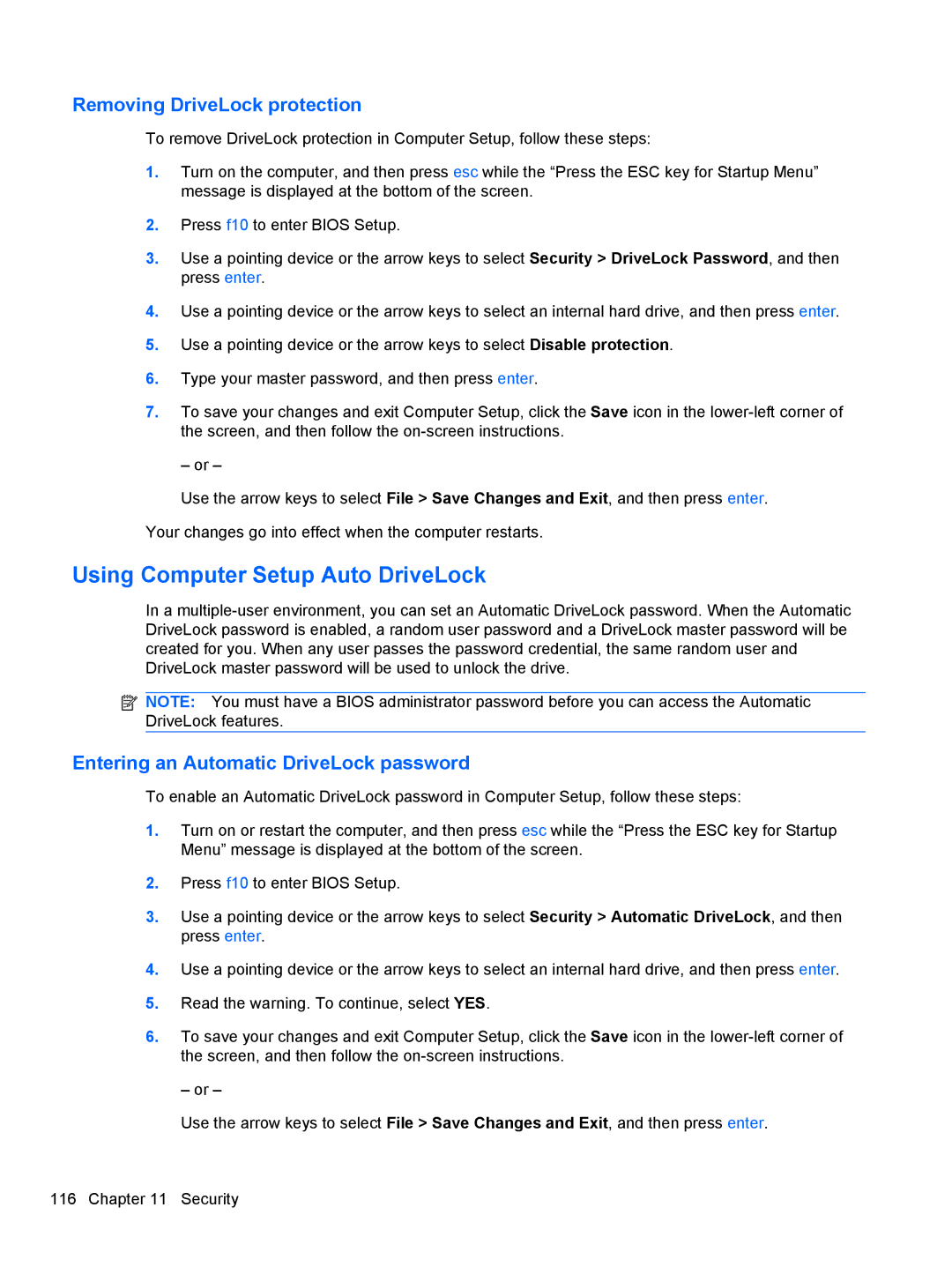 HP 2740P Using Computer Setup Auto DriveLock, Removing DriveLock protection, Entering an Automatic DriveLock password 