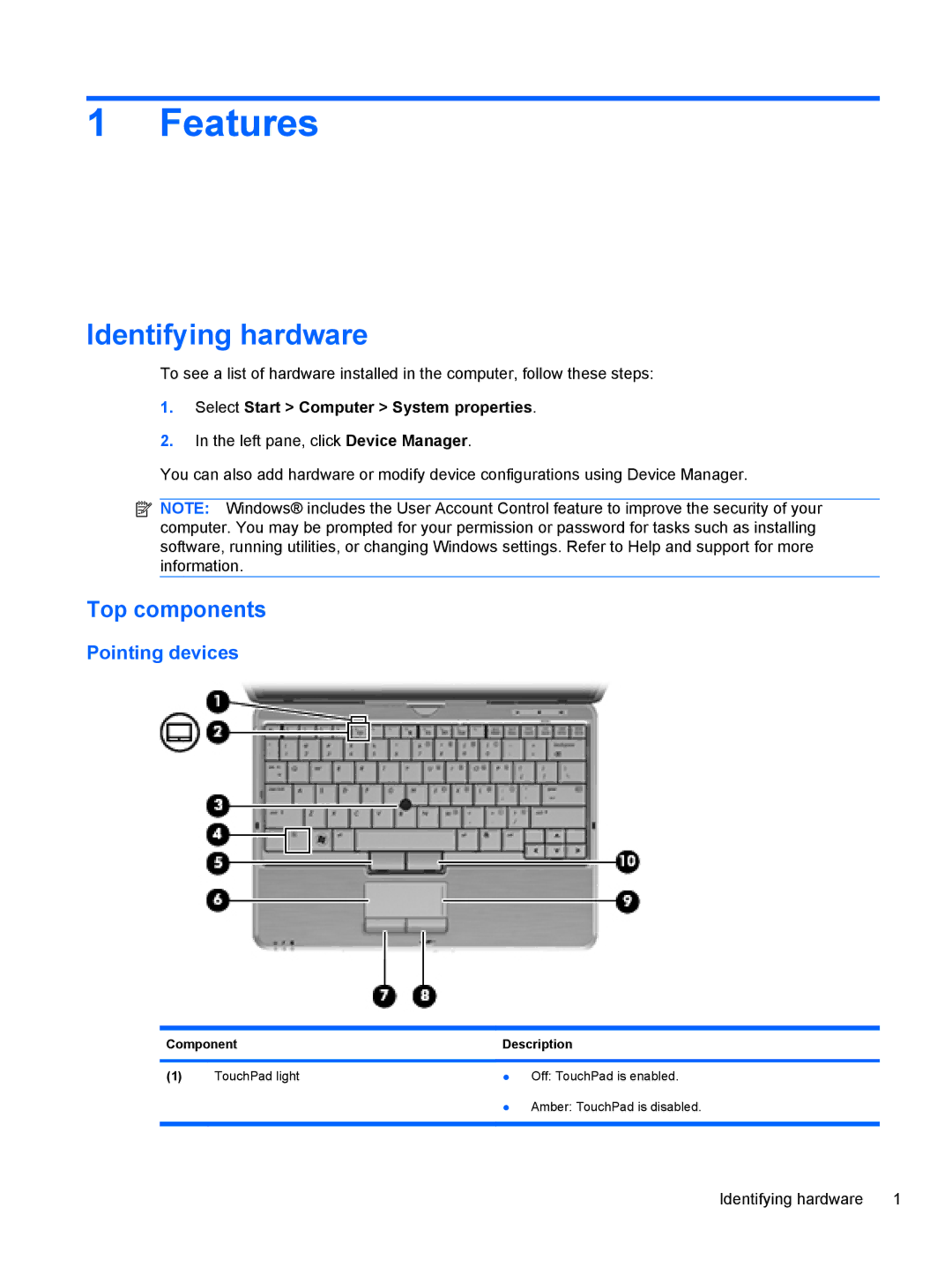 HP 2740P manual Features, Identifying hardware, Top components, Pointing devices, Select Start Computer System properties 