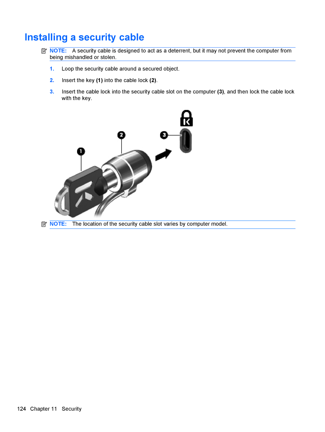 HP 2740P manual Installing a security cable 