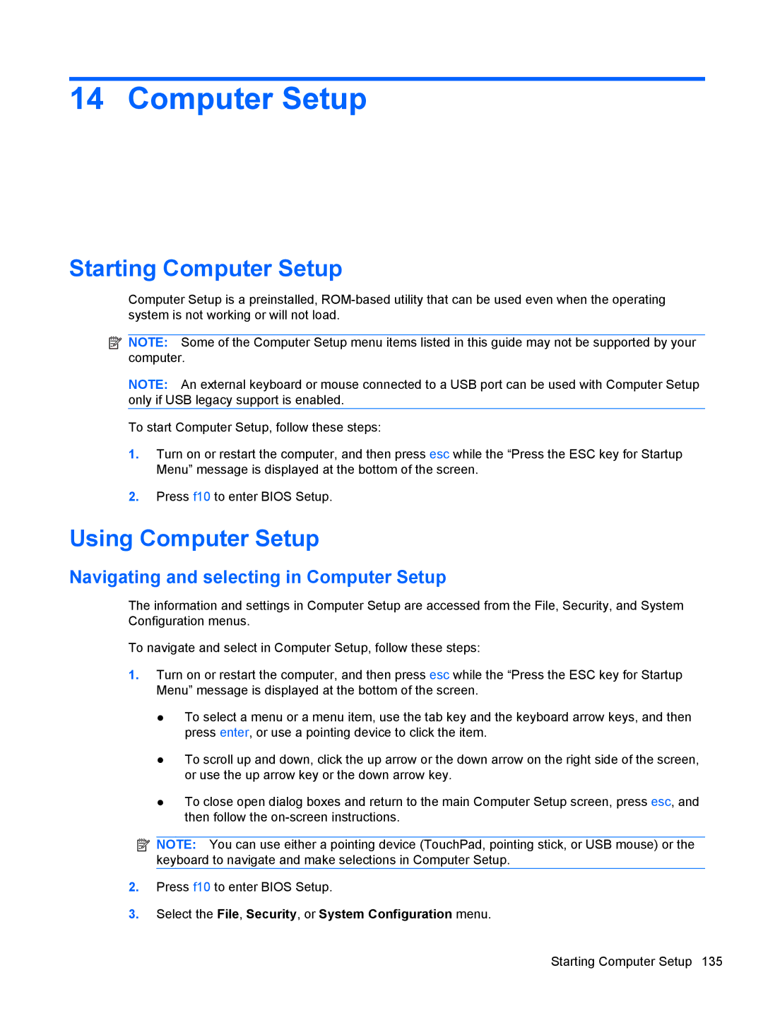 HP 2740P manual Starting Computer Setup, Using Computer Setup, Navigating and selecting in Computer Setup 