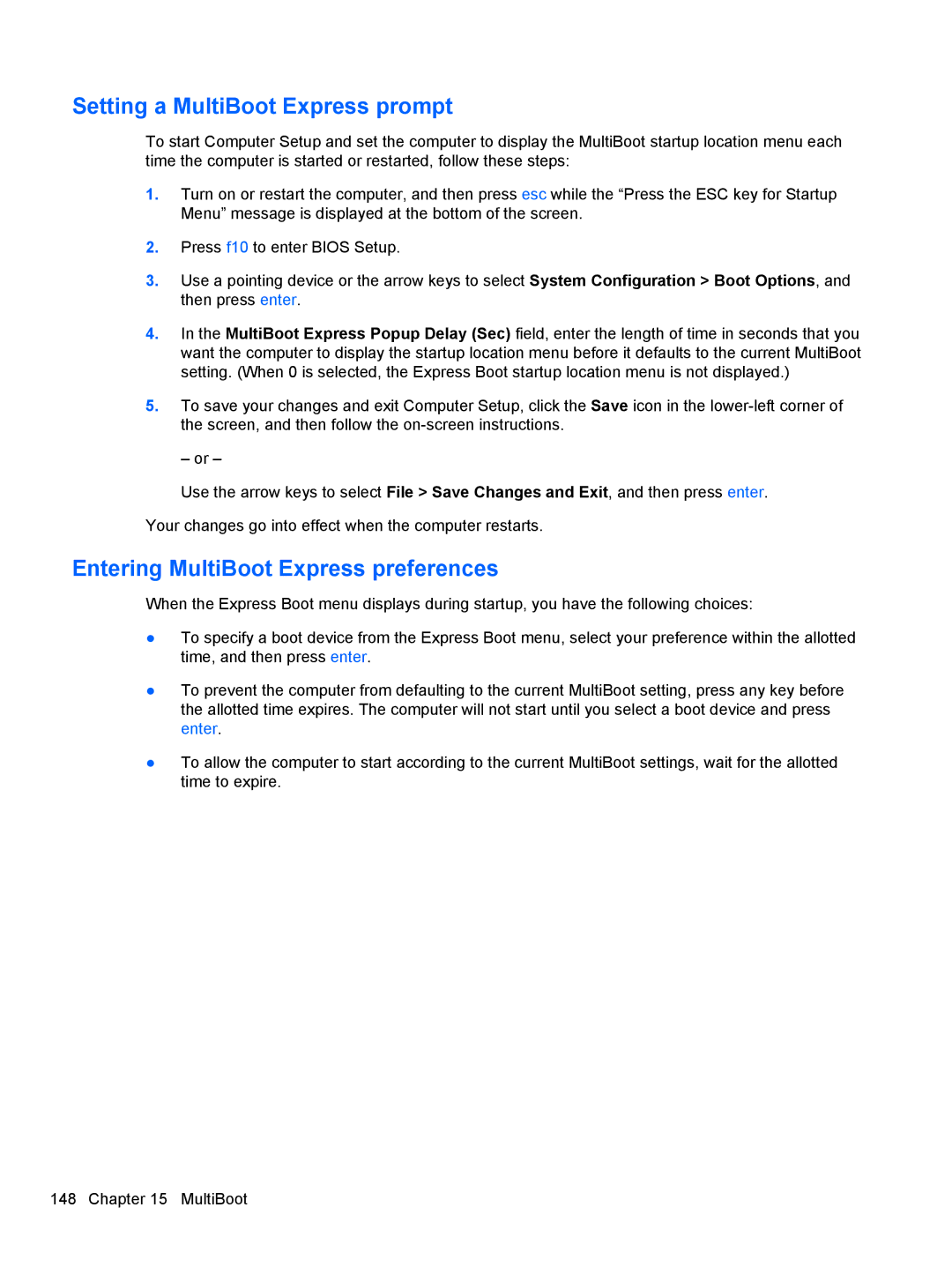 HP 2740P manual Setting a MultiBoot Express prompt, Entering MultiBoot Express preferences 