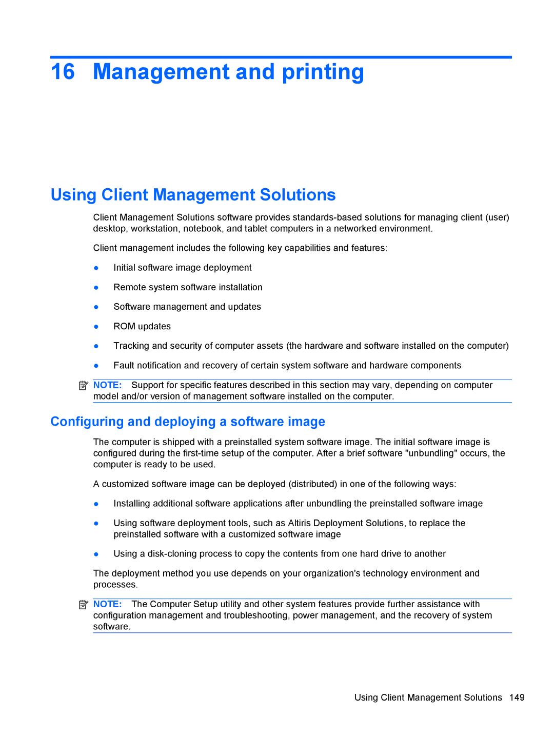 HP 2740P manual Management and printing, Using Client Management Solutions, Configuring and deploying a software image 