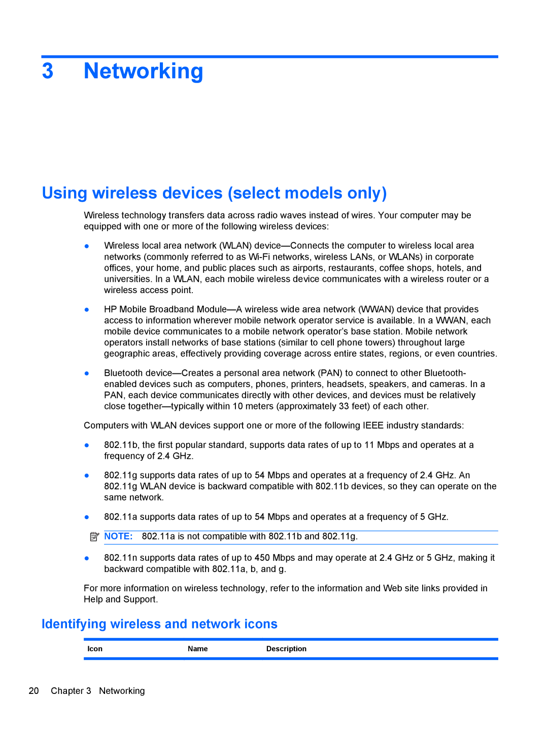 HP 2740P manual Networking, Using wireless devices select models only, Identifying wireless and network icons 