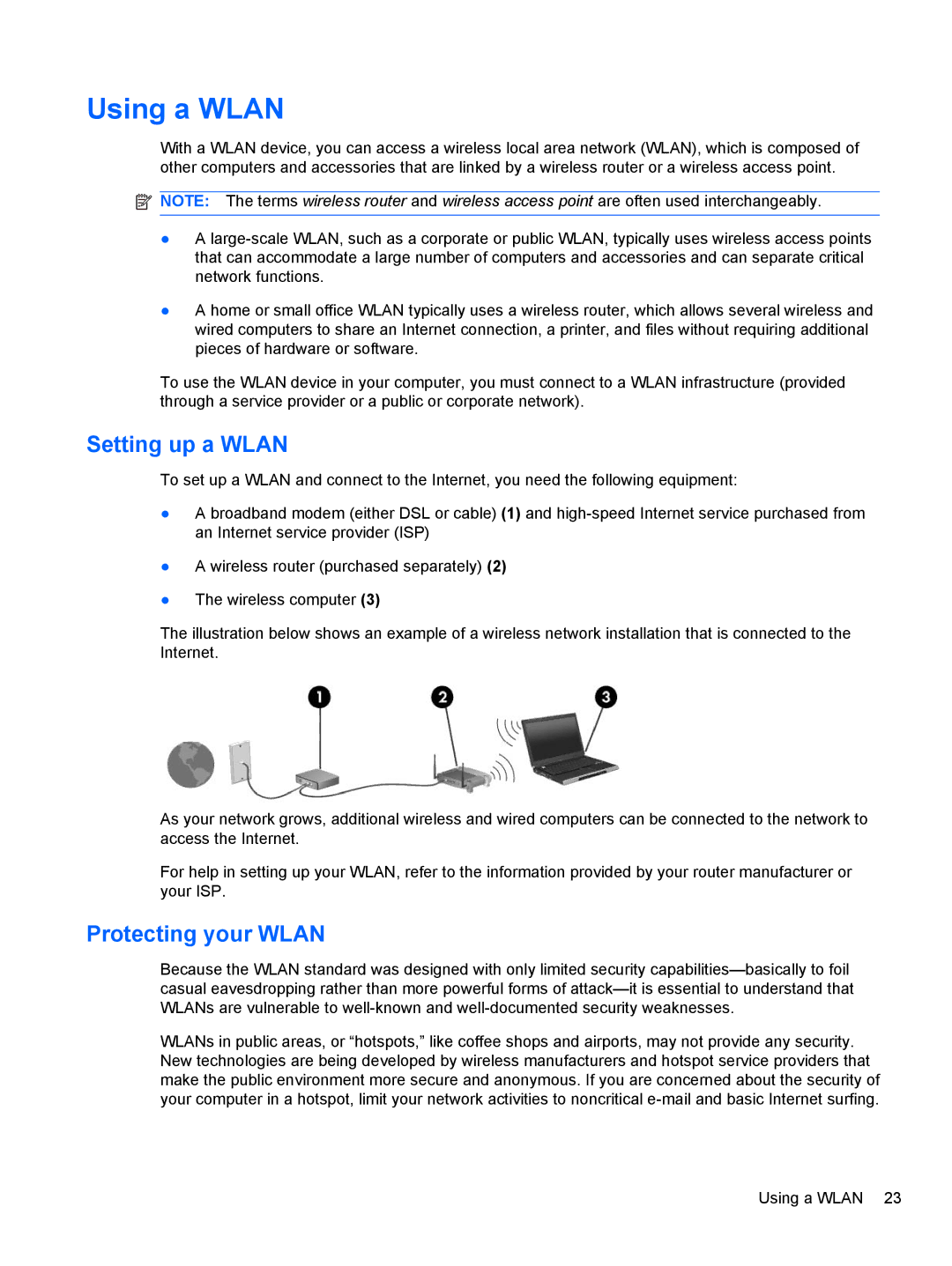 HP 2740P manual Using a Wlan, Setting up a Wlan, Protecting your Wlan 