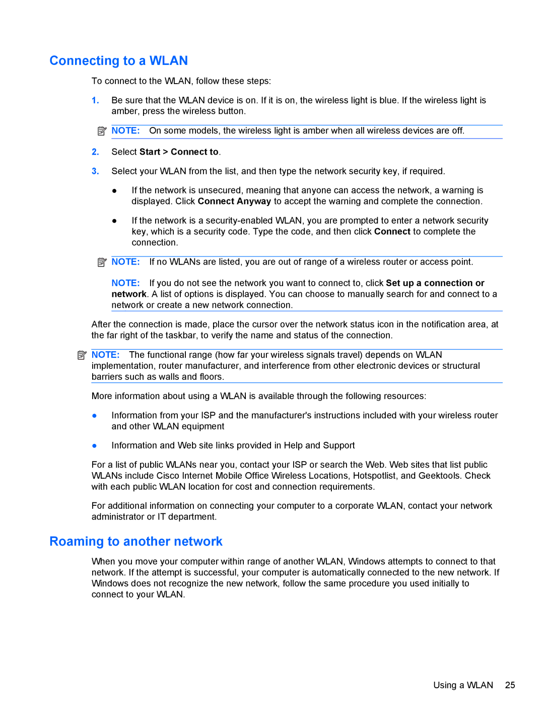 HP 2740P manual Connecting to a Wlan, Roaming to another network, Select Start Connect to 