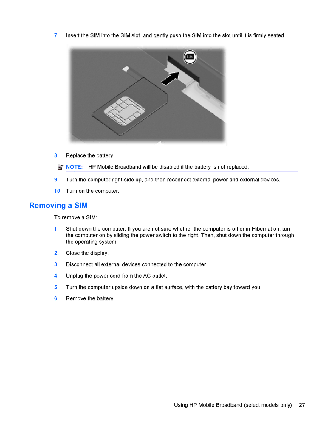 HP 2740P manual Removing a SIM 