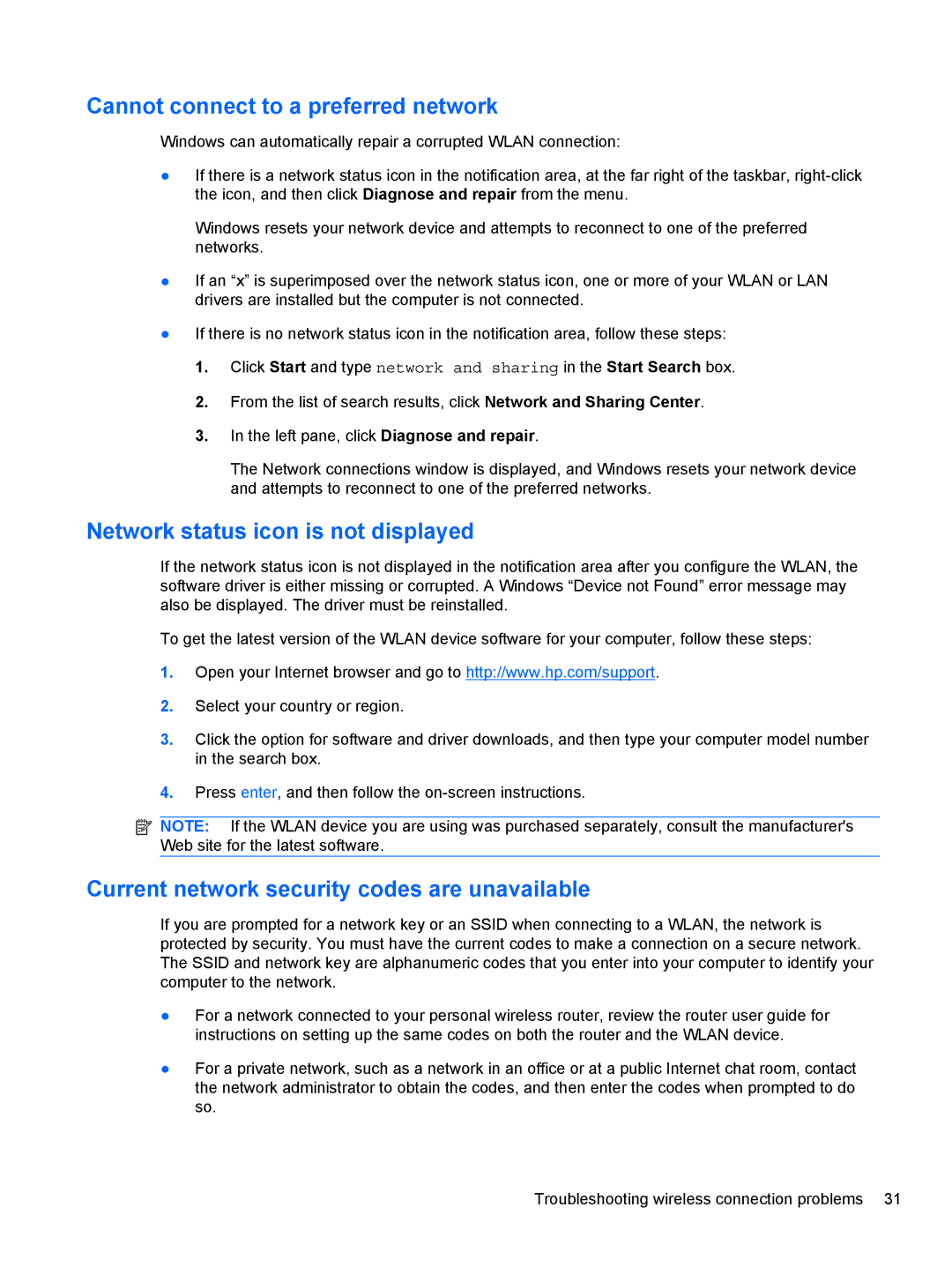 HP 2740P manual Cannot connect to a preferred network, Network status icon is not displayed 