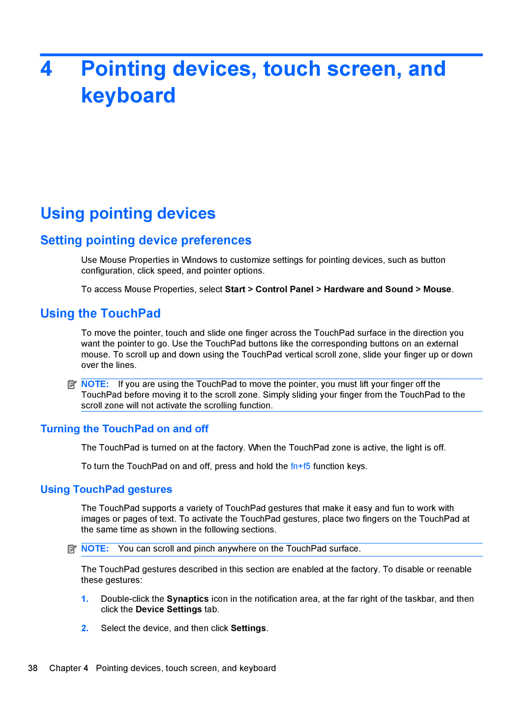 HP 2740P manual Pointing devices, touch screen, and keyboard, Using pointing devices, Setting pointing device preferences 