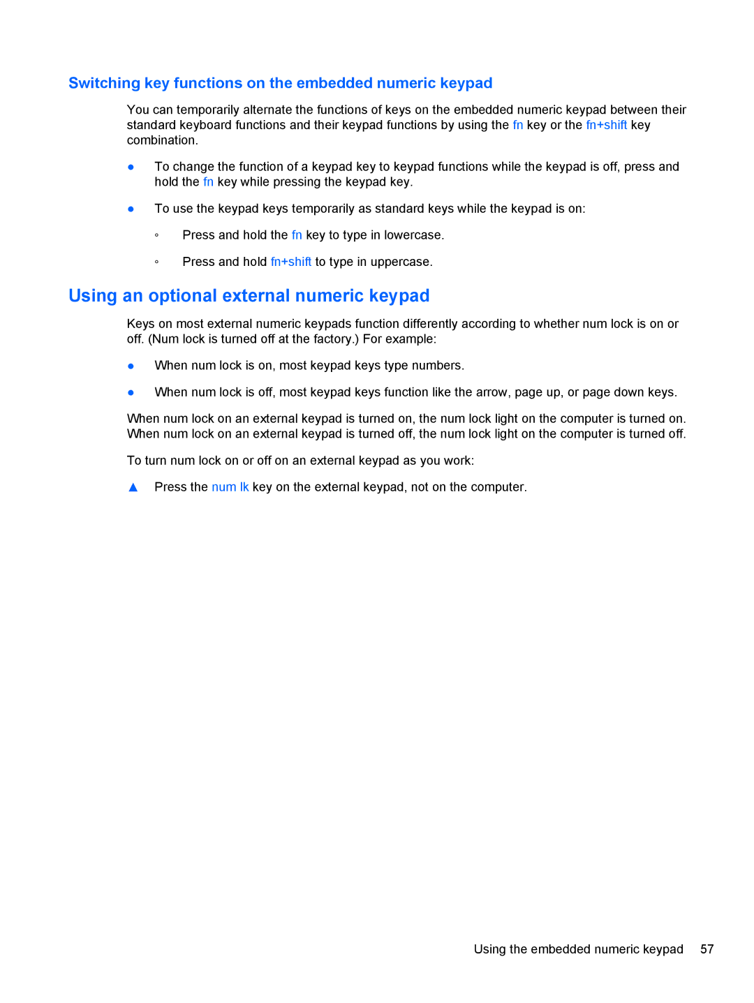 HP 2740P manual Using an optional external numeric keypad, Switching key functions on the embedded numeric keypad 