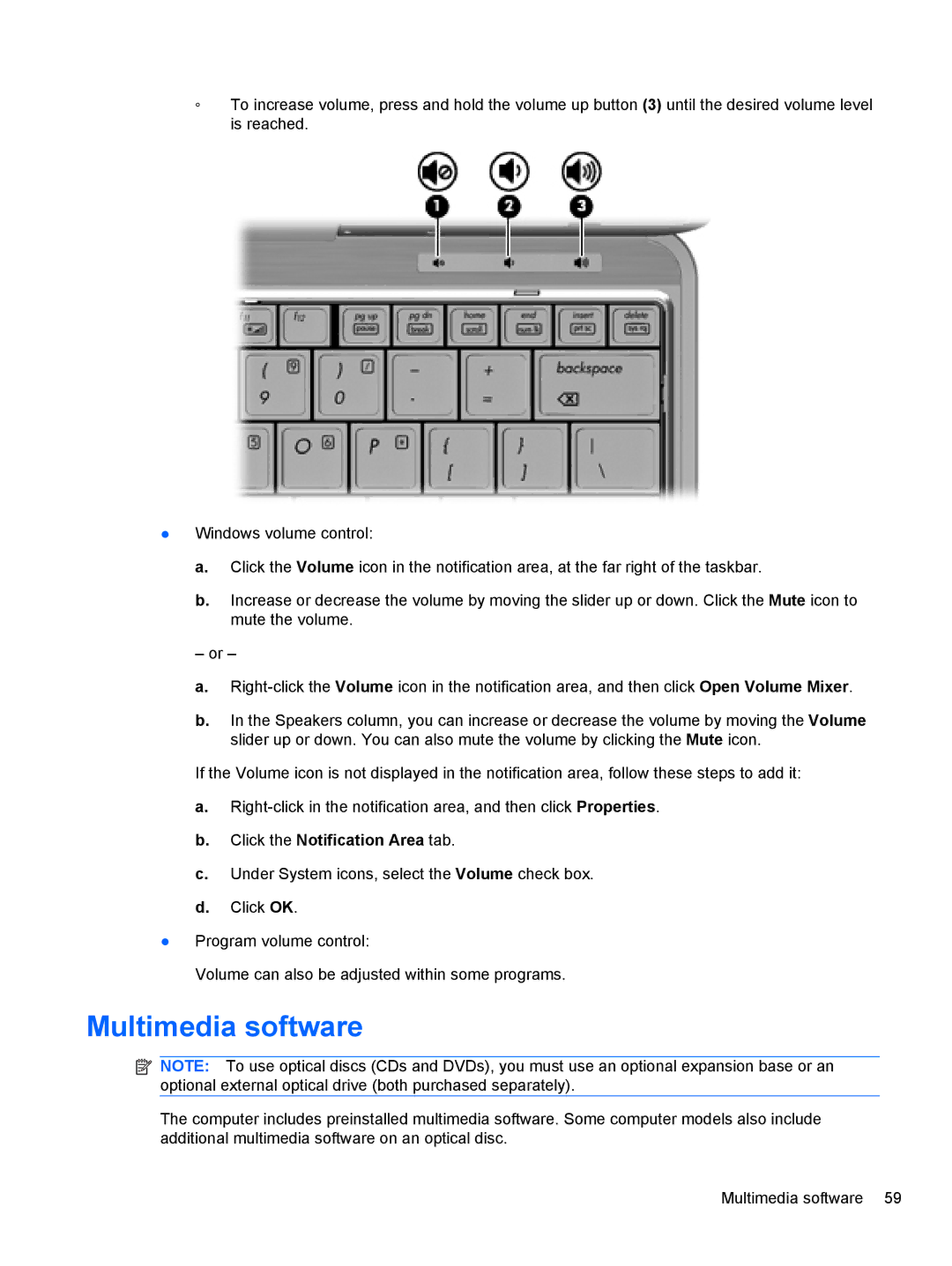 HP 2740P manual Multimedia software, Click the Notification Area tab 