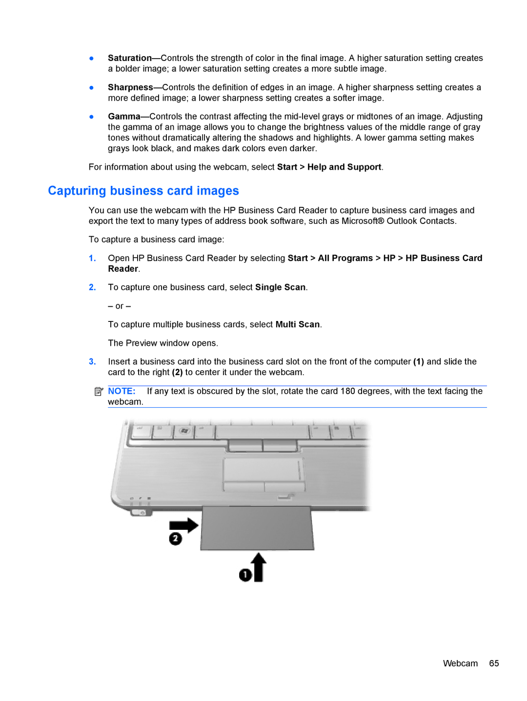 HP 2740P manual Capturing business card images 