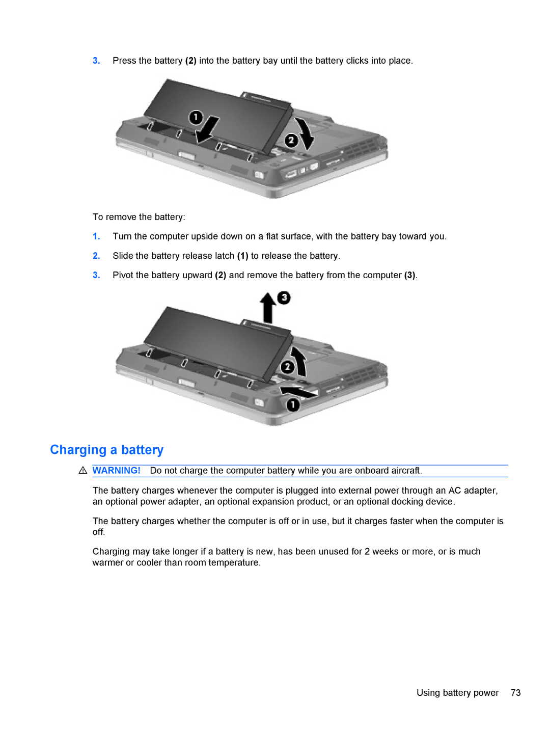 HP 2740P manual Charging a battery 