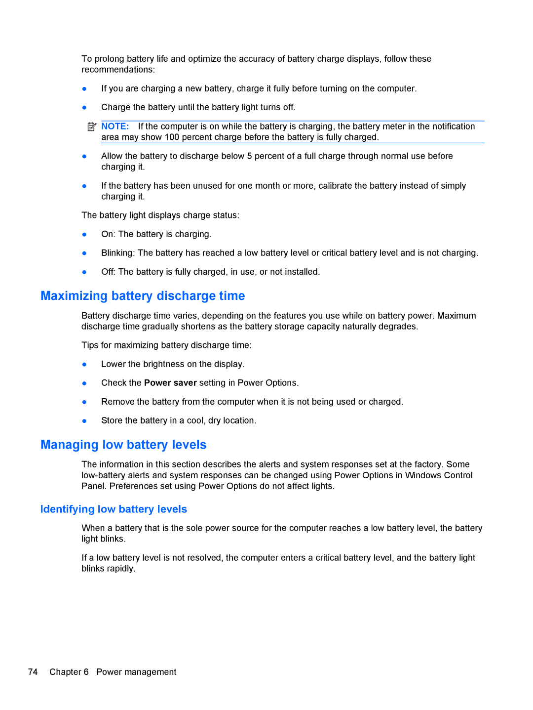 HP 2740P manual Maximizing battery discharge time, Managing low battery levels, Identifying low battery levels 