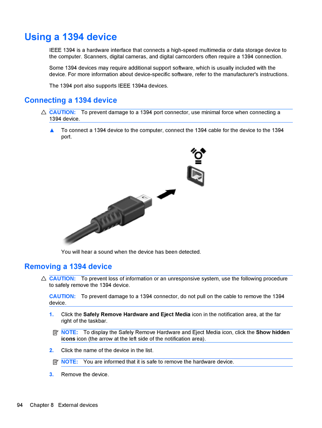 HP 2740P manual Using a 1394 device, Connecting a 1394 device, Removing a 1394 device 