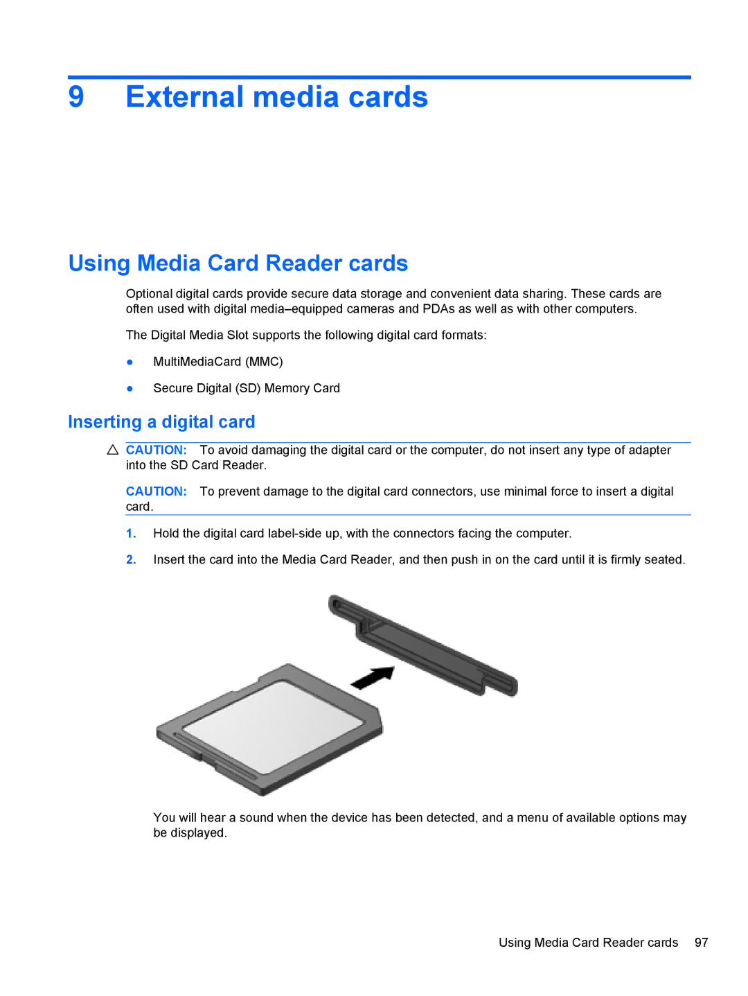 HP 2740P manual External media cards, Using Media Card Reader cards, Inserting a digital card 