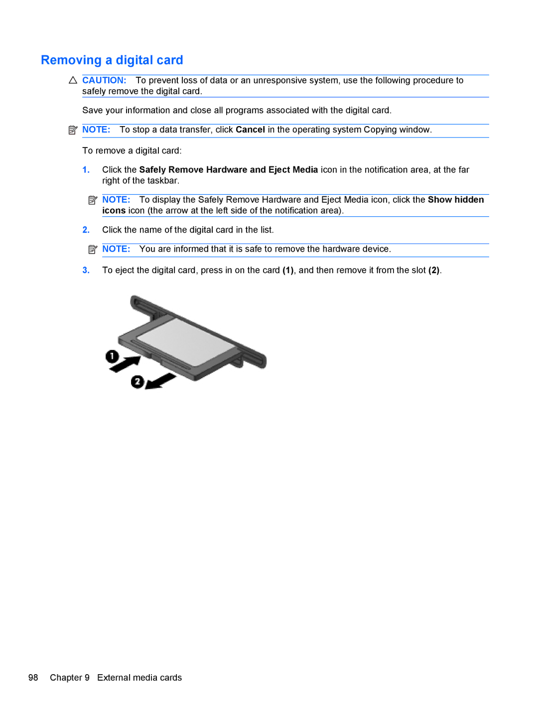 HP 2740P manual Removing a digital card 