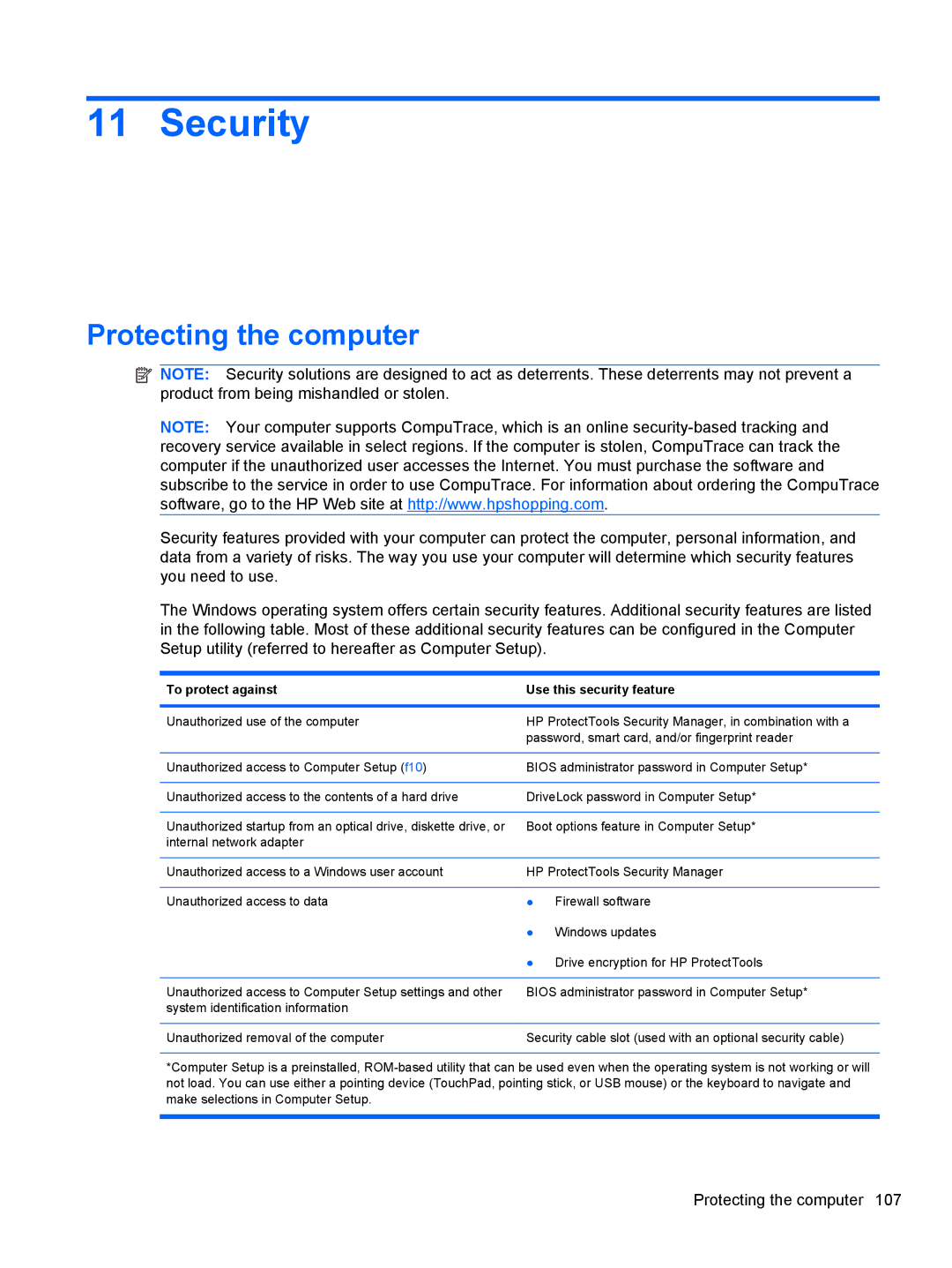 HP 2740P manual Security, Protecting the computer 