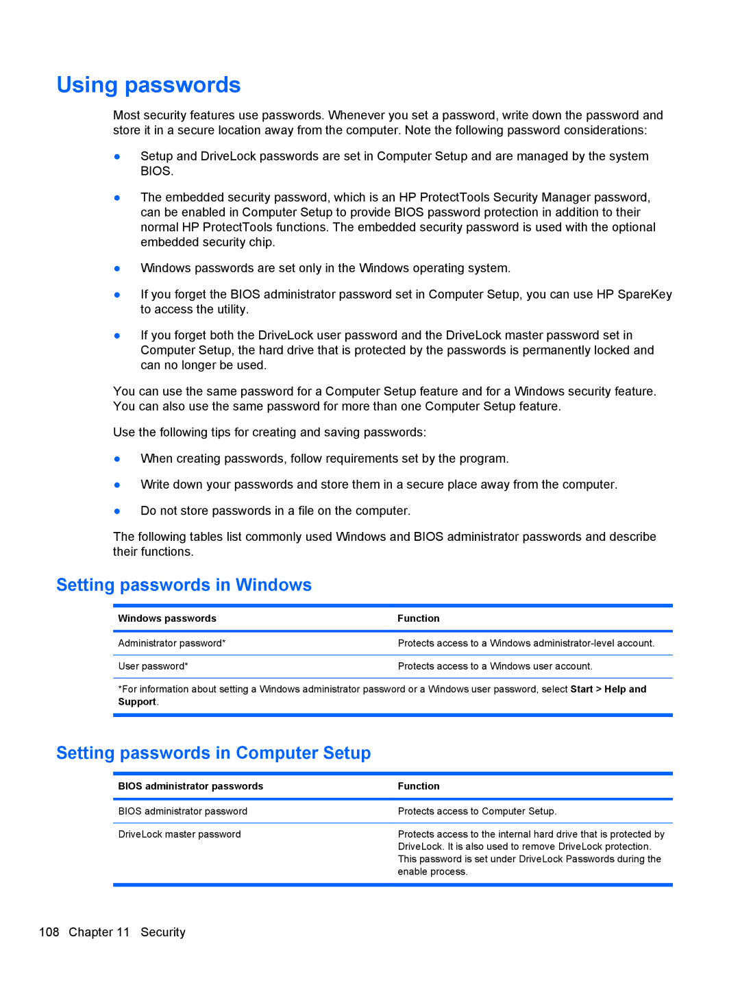 HP 2740P manual Using passwords, Setting passwords in Windows, Setting passwords in Computer Setup 