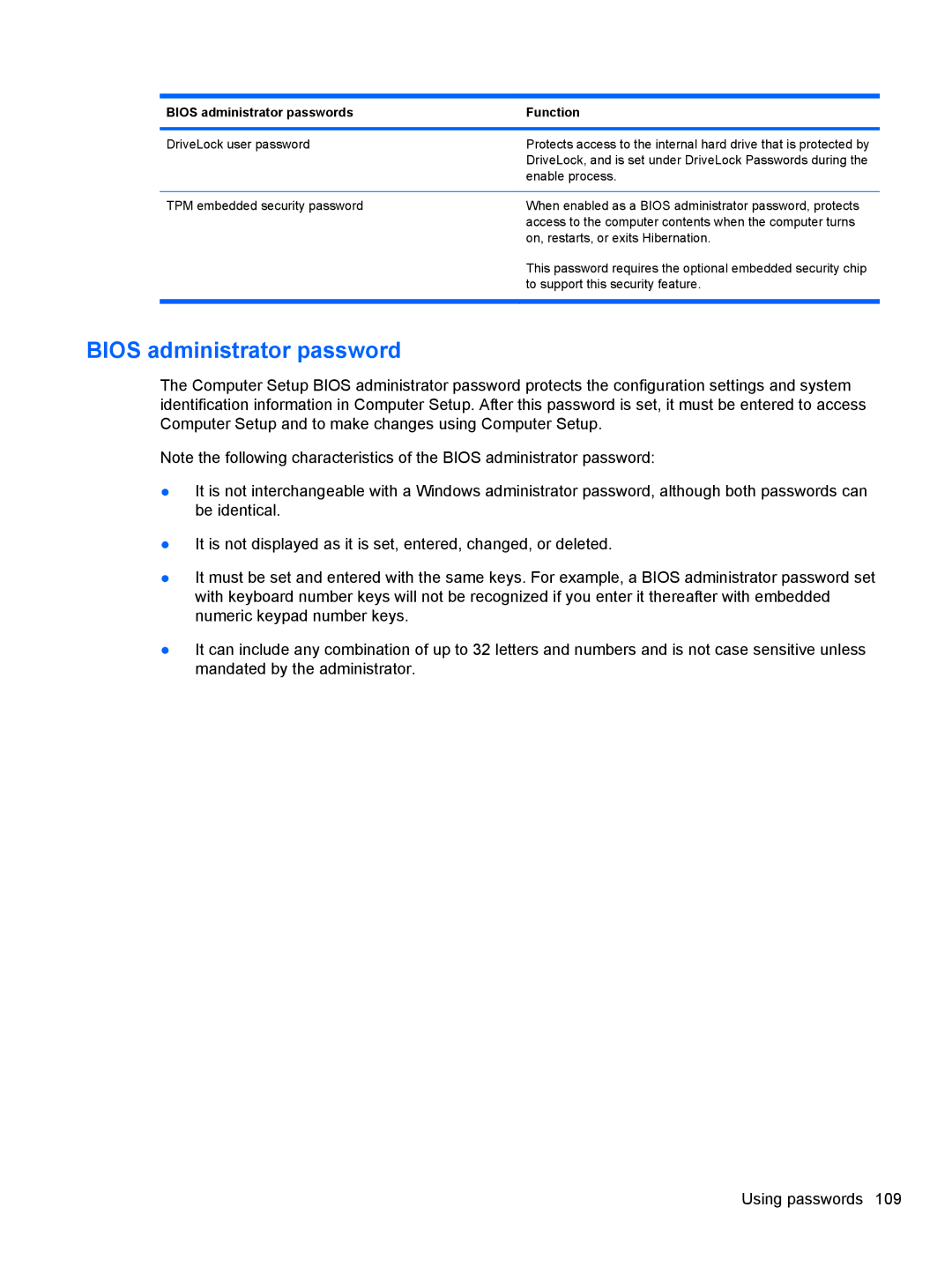 HP 2740P manual Bios administrator password 