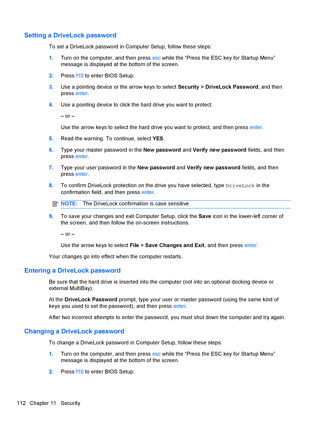 HP 2740P manual Setting a DriveLock password, Entering a DriveLock password, Changing a DriveLock password 