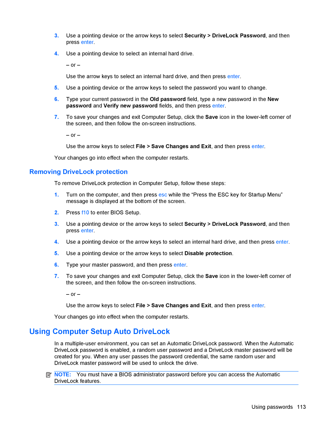 HP 2740P manual Using Computer Setup Auto DriveLock, Removing DriveLock protection 