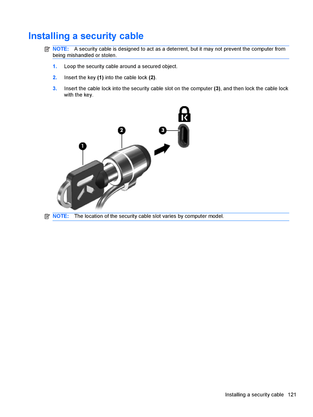 HP 2740P manual Installing a security cable 