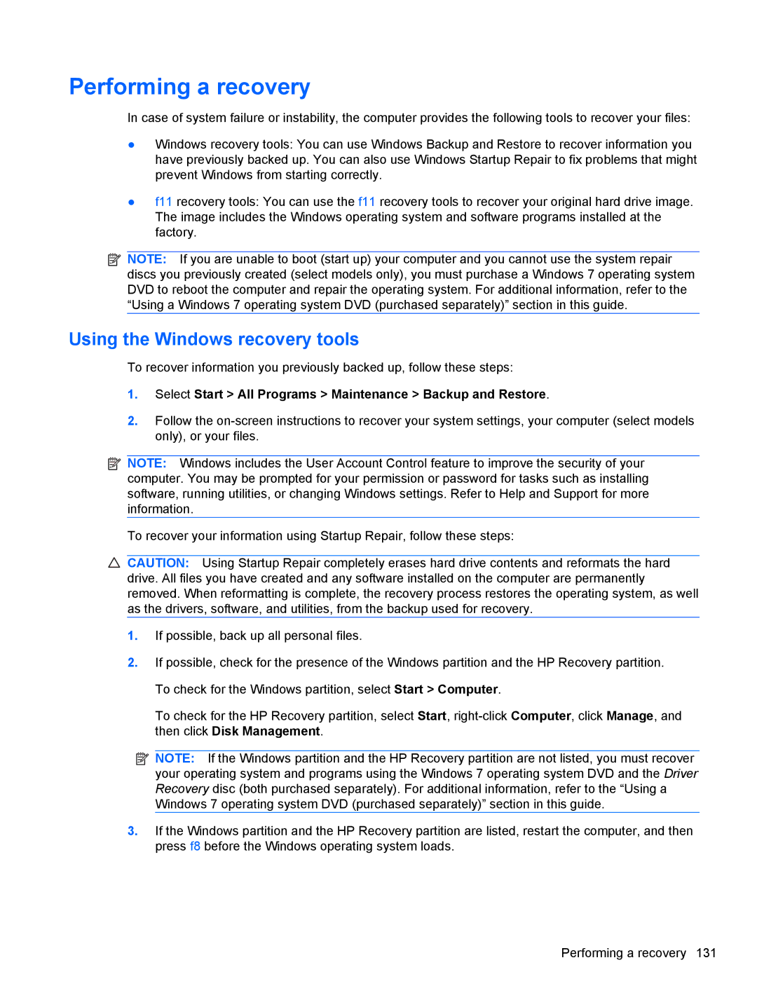 HP 2740P manual Performing a recovery, Using the Windows recovery tools 