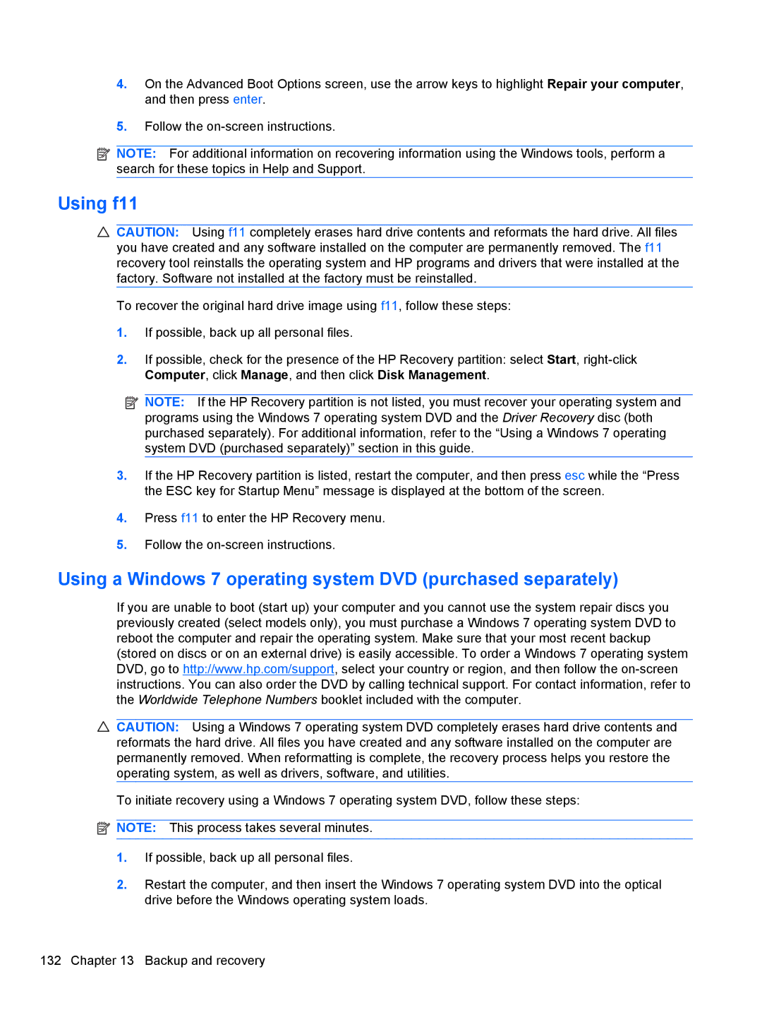 HP 2740P manual Using f11, Using a Windows 7 operating system DVD purchased separately 