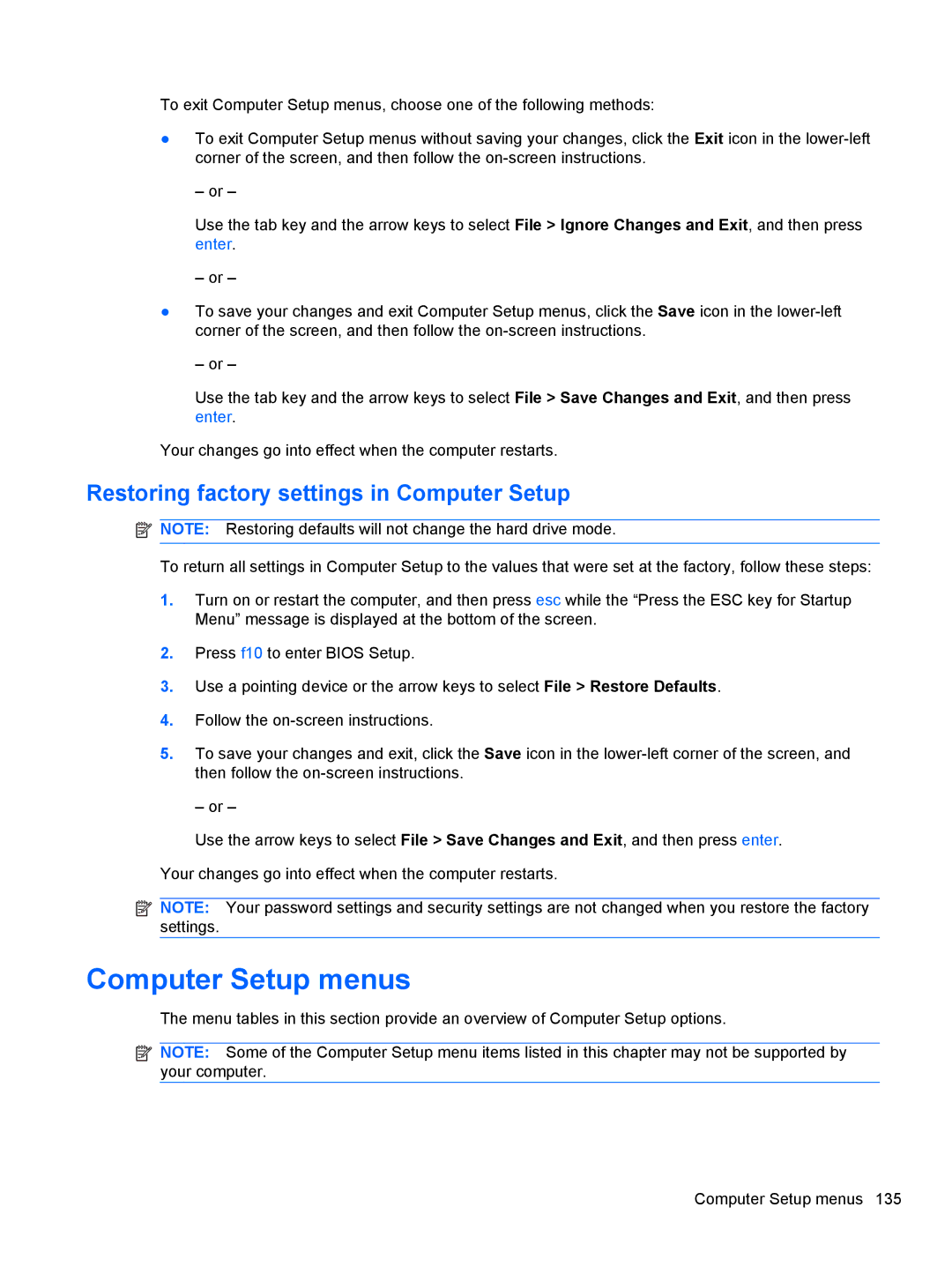 HP 2740P manual Computer Setup menus, Restoring factory settings in Computer Setup 