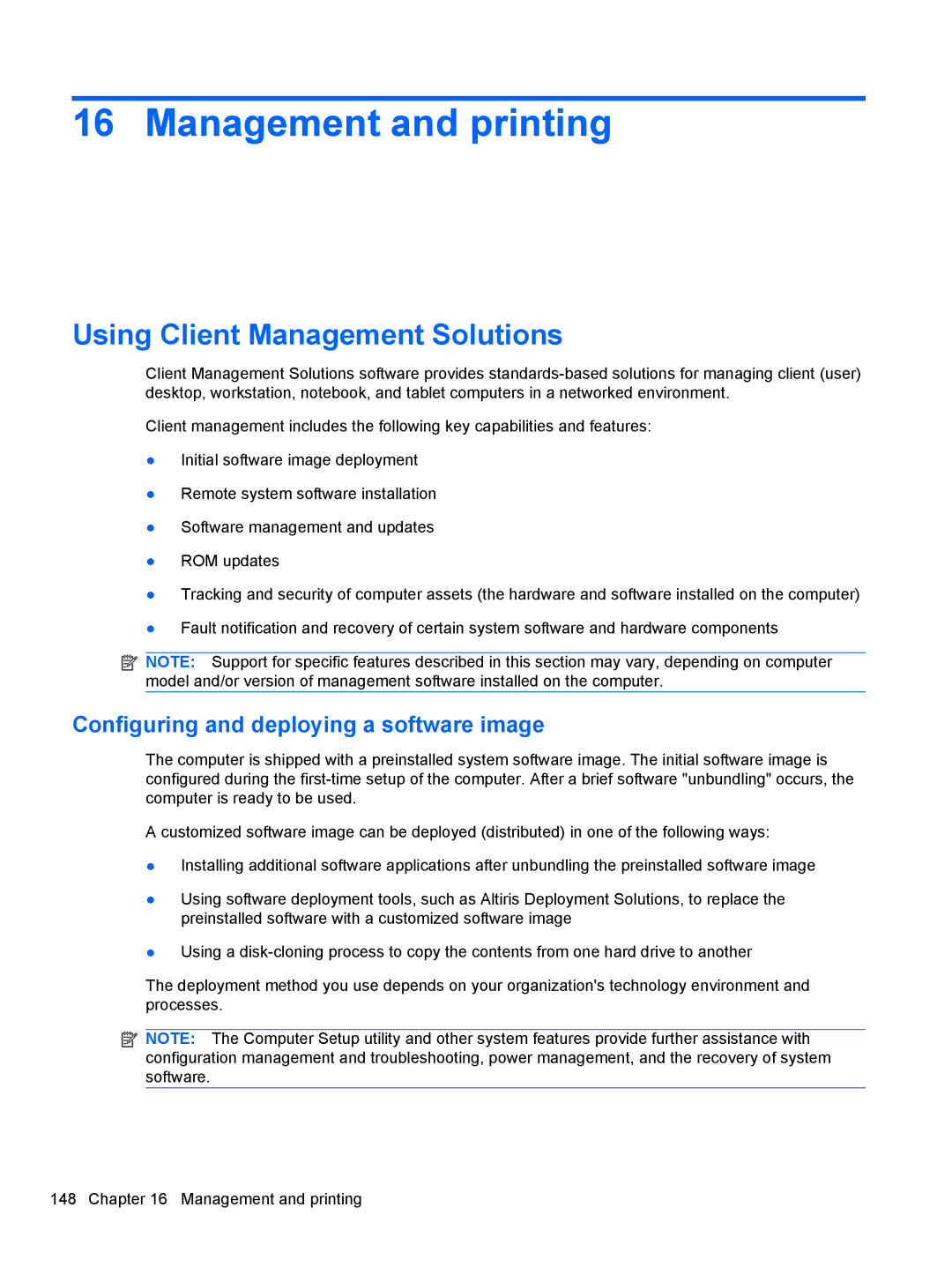 HP 2740P manual Management and printing, Using Client Management Solutions, Configuring and deploying a software image 