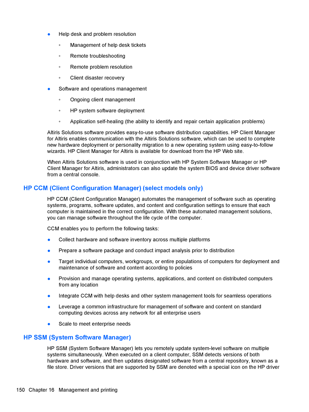 HP 2740P manual HP CCM Client Configuration Manager select models only, HP SSM System Software Manager 