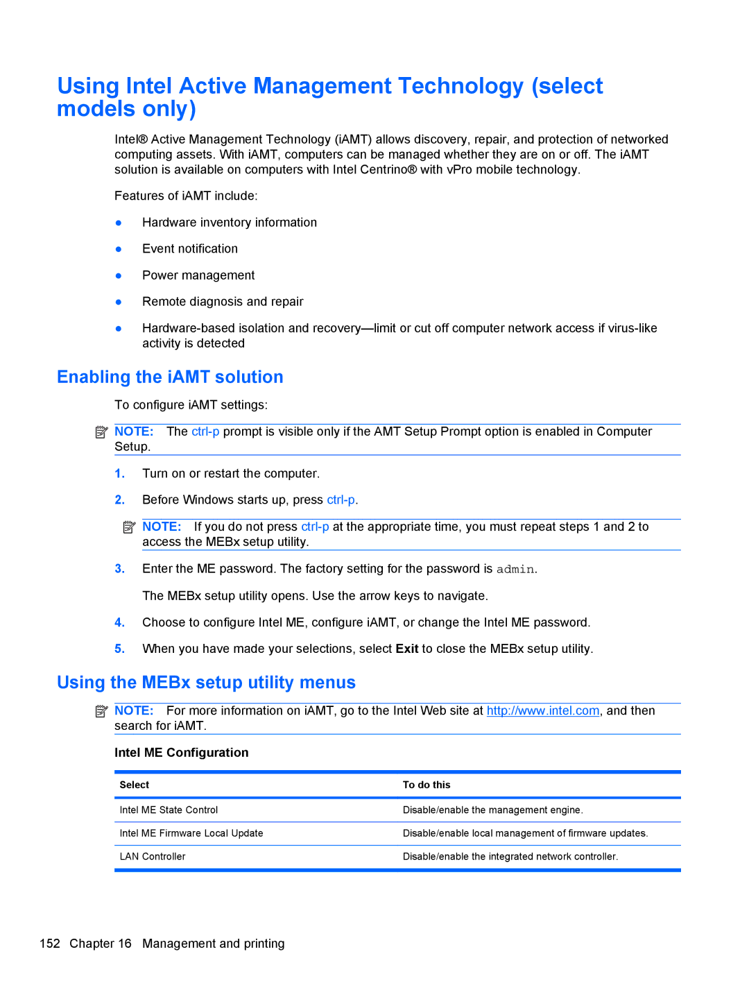 HP 2740P Using Intel Active Management Technology select models only, Enabling the iAMT solution, Intel ME Configuration 