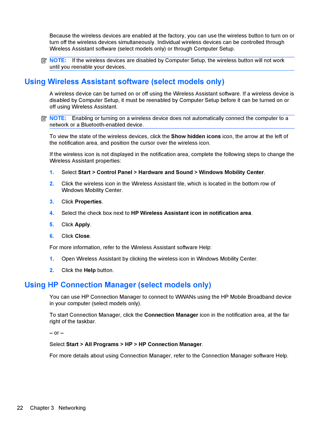 HP 2740P manual Using Wireless Assistant software select models only, Using HP Connection Manager select models only 
