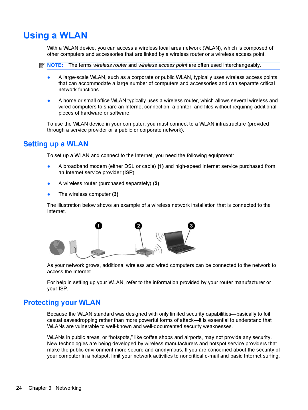 HP 2740P manual Using a Wlan, Setting up a Wlan, Protecting your Wlan 